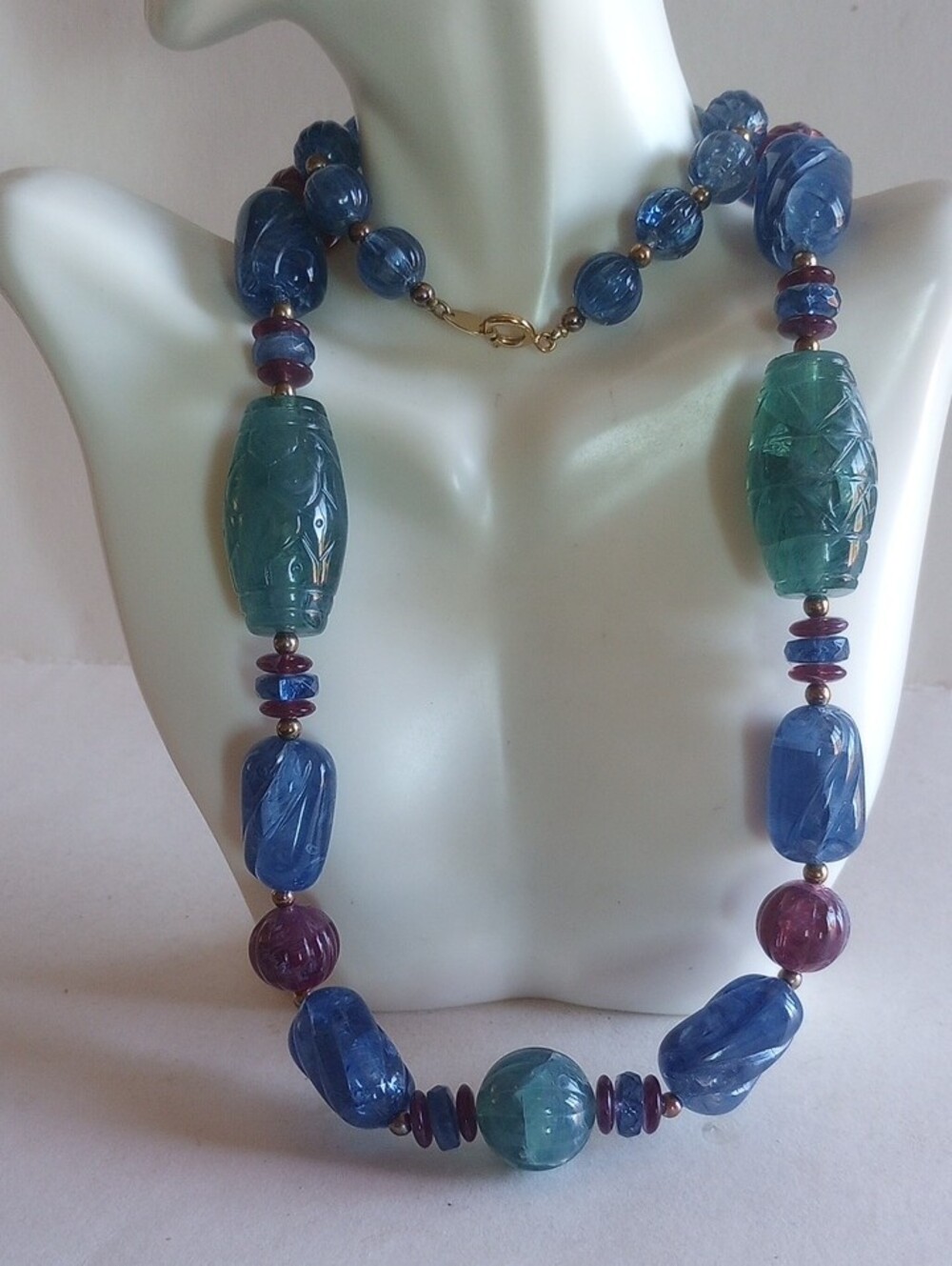 Vintage Crown Trifari Carved Bead Necklace 28" Long. 50TH Era Signed.